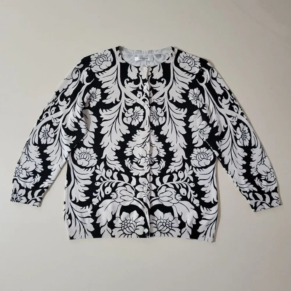 Liz Claiborne Silk Black White Floral Cardigan Knit Sweater
